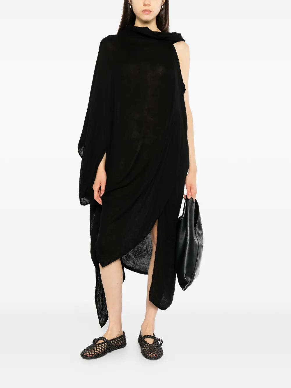 Yohji Yamamoto double-layer gauze asymmetric off-shoulder dress Zwart