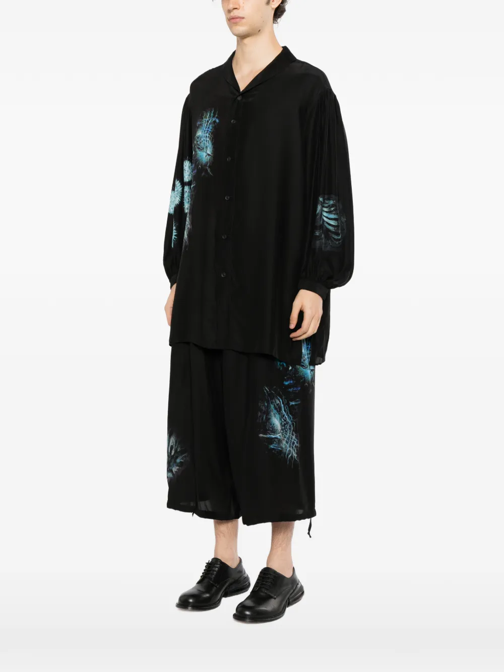 Yohji Yamamoto scarf-collar graphic-print shirt Zwart