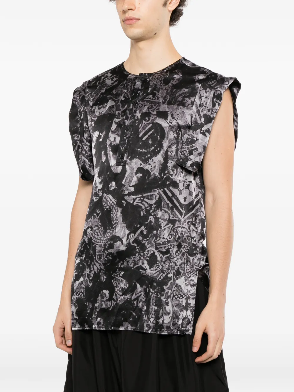 Yohji Yamamoto sea-print short-sleeve placket shirt Zwart