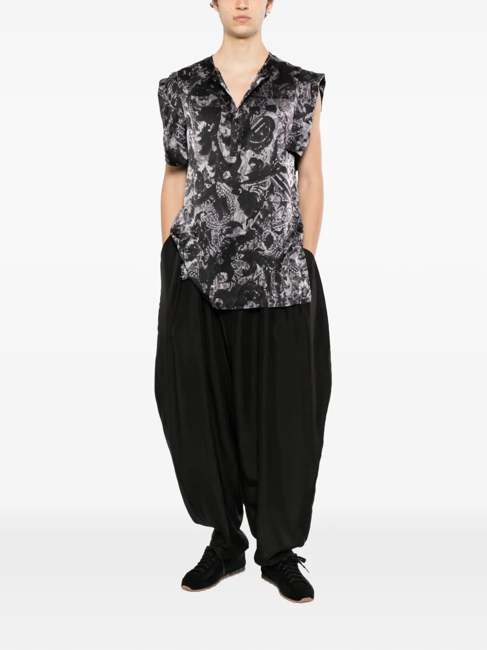 Yohji Yamamoto sea-print short-sleeve placket shirt Zwart
