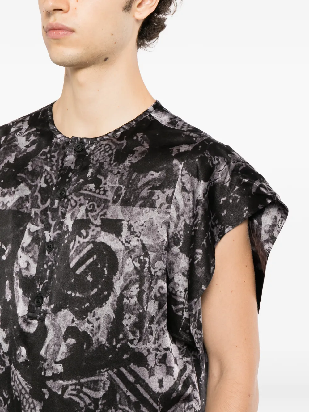Yohji Yamamoto sea-print short-sleeve placket shirt Zwart