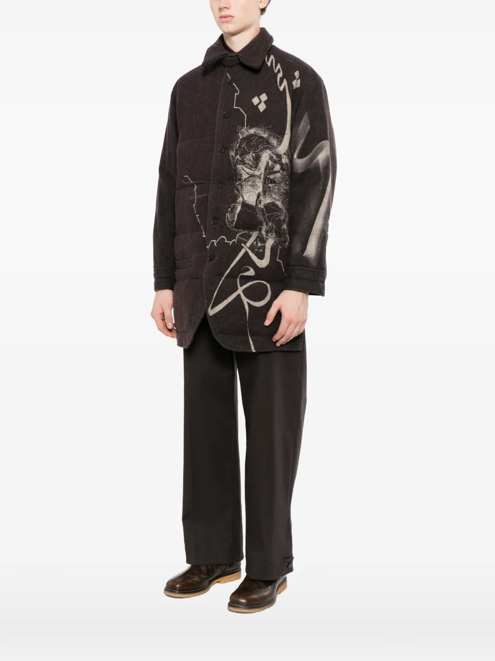 Yohji Yamamoto Gewatteerd overhemd met grafische print Bruin