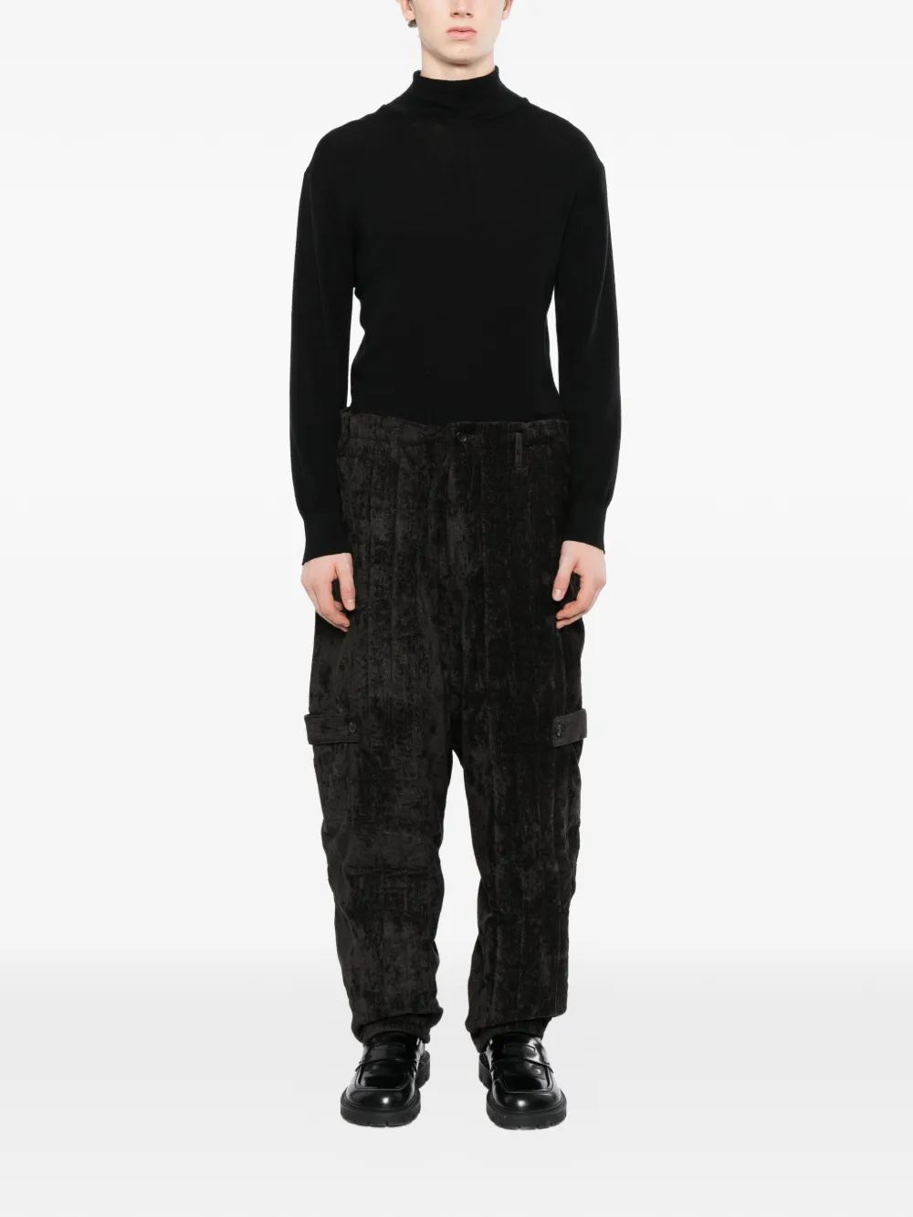 Yohji Yamamoto Gewatteerde broek van linnenfluweel met banddetail Grijs