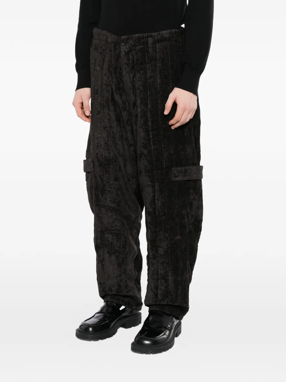 Yohji Yamamoto Gewatteerde broek van linnenfluweel met banddetail Grijs