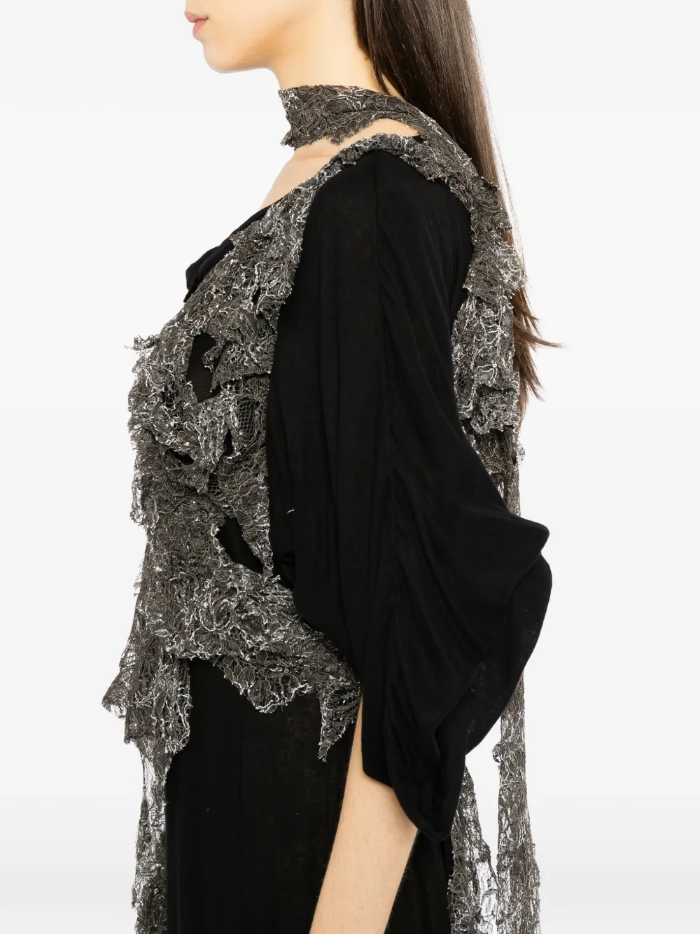Yohji Yamamoto glittery lace layered dress Zwart