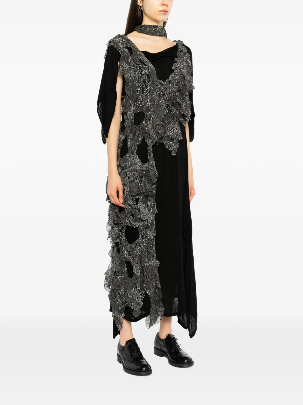 Yohji Yamamoto glittery lace layered dress Zwart