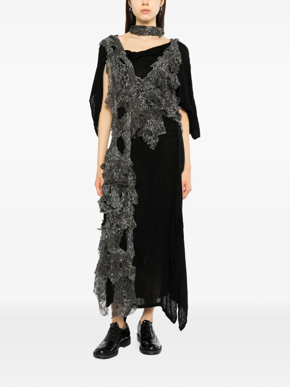 Yohji Yamamoto glittery lace layered dress Zwart