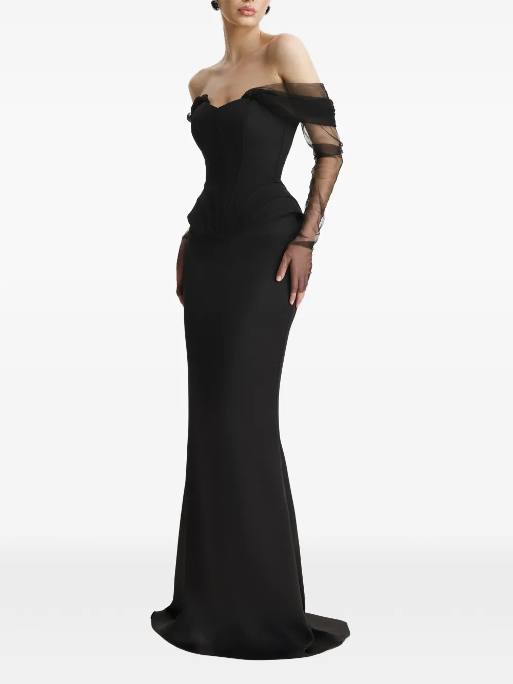 BENEDETTO tulle-sleeve corset top Zwart