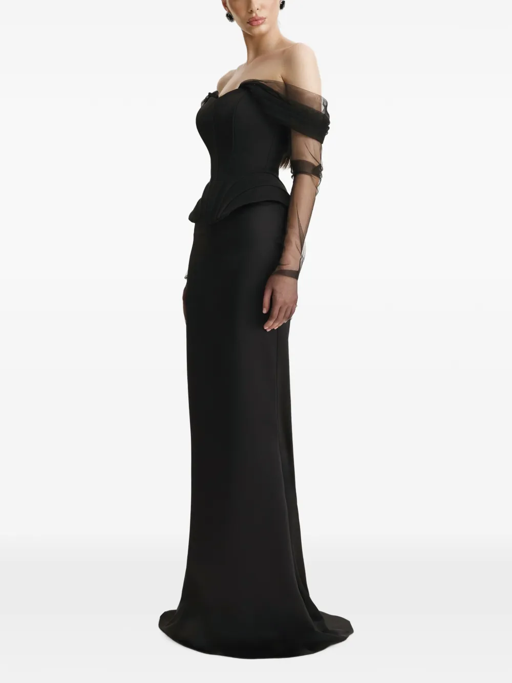 BENEDETTO tulle-sleeve corset top Zwart