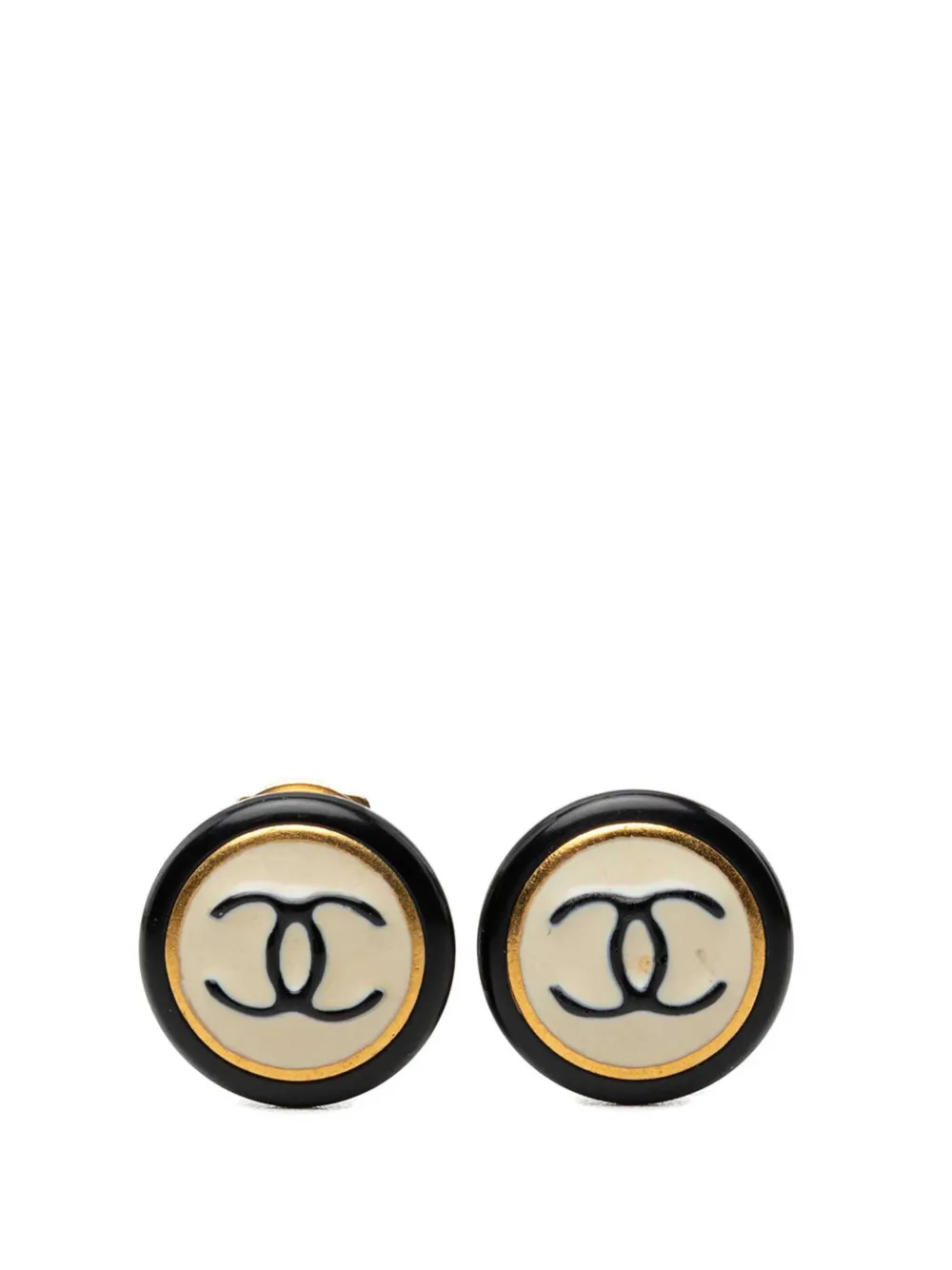 CHANEL Pre-Owned 1997 CC Gold Plated and Enamel Round Button Clip On Earrings costume earrings - Nero