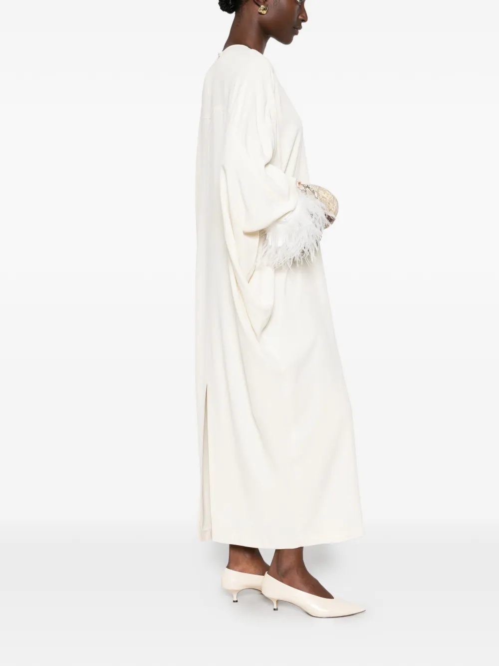 Alberta Ferretti Maxi-jurk met afwerking van veren Beige