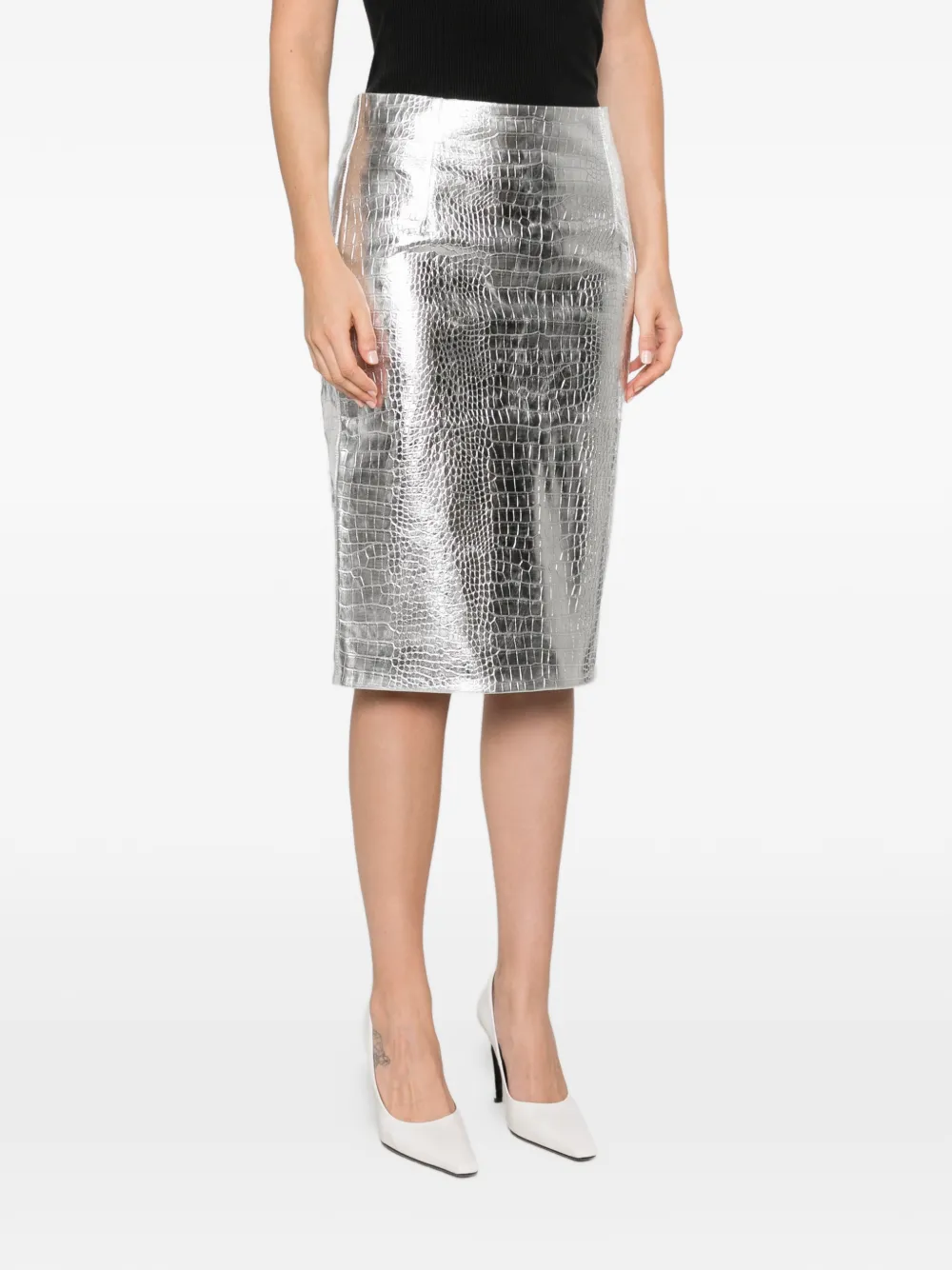 DES PHEMMES Metallic rok met krokodillen-reliëf Zilver