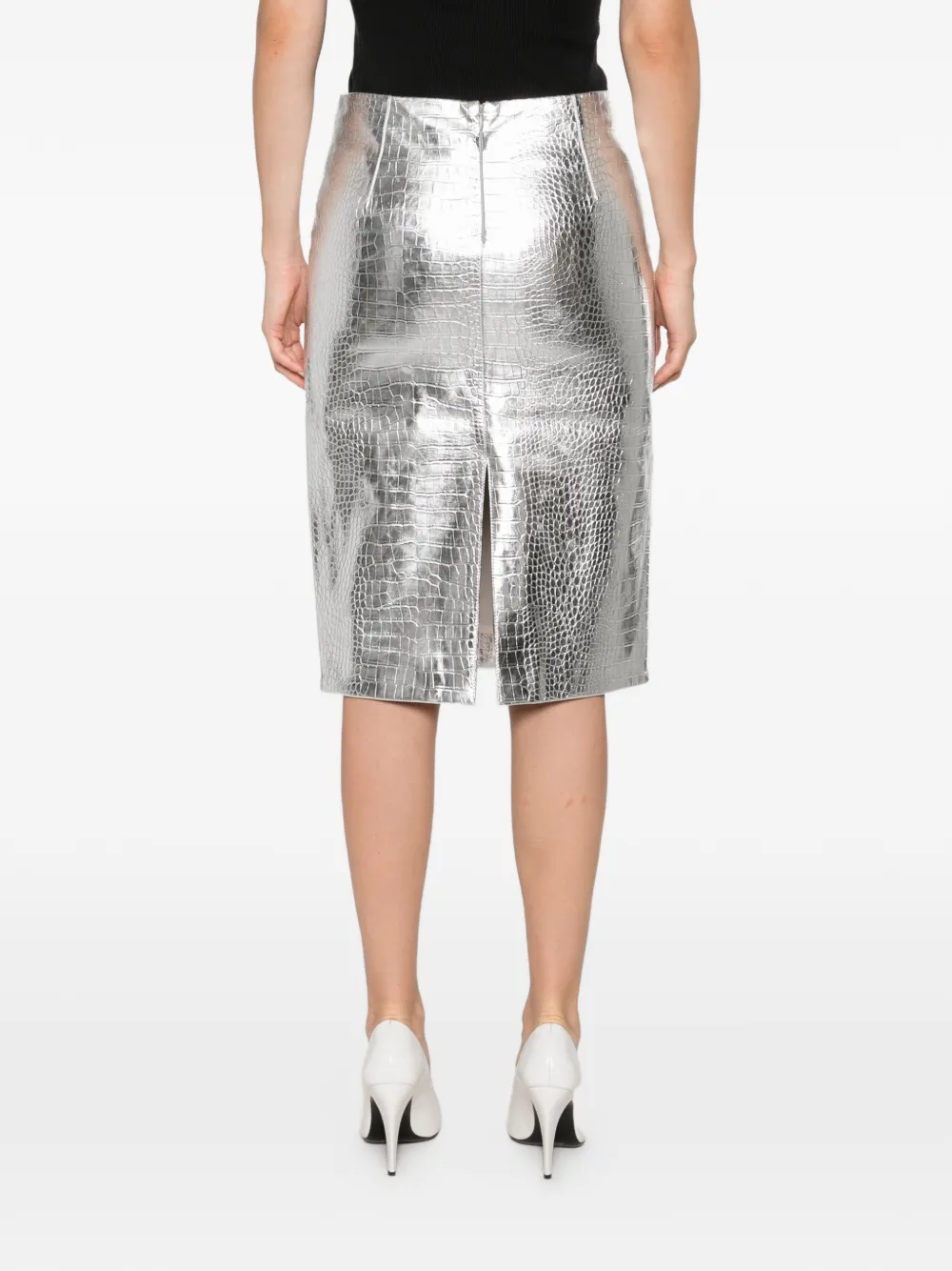 DES PHEMMES Metallic rok met krokodillen-reliëf Zilver
