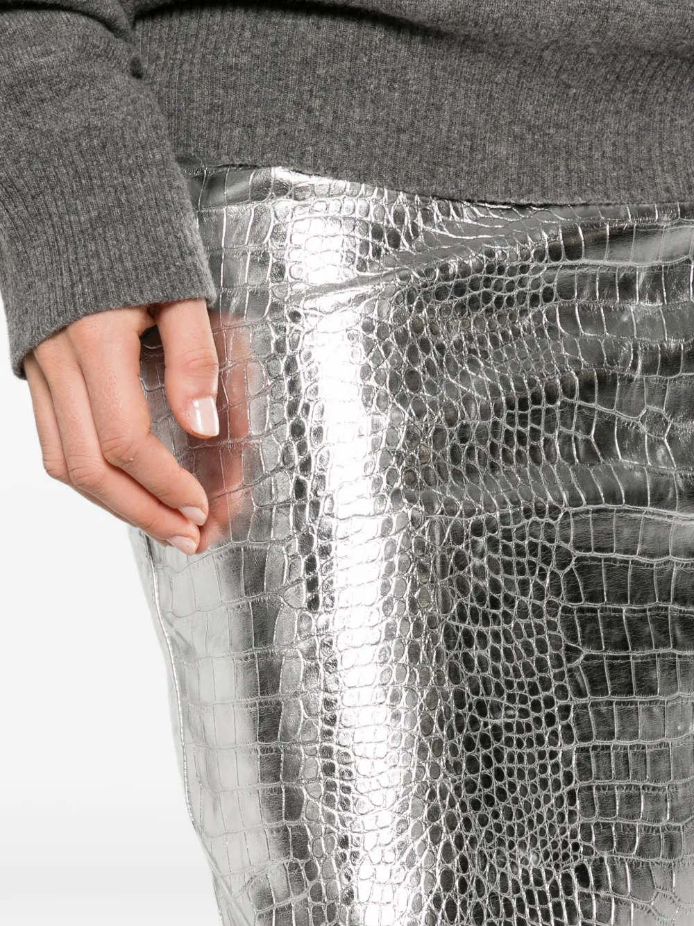 DES PHEMMES Metallic rok met krokodillen-reliëf Zilver