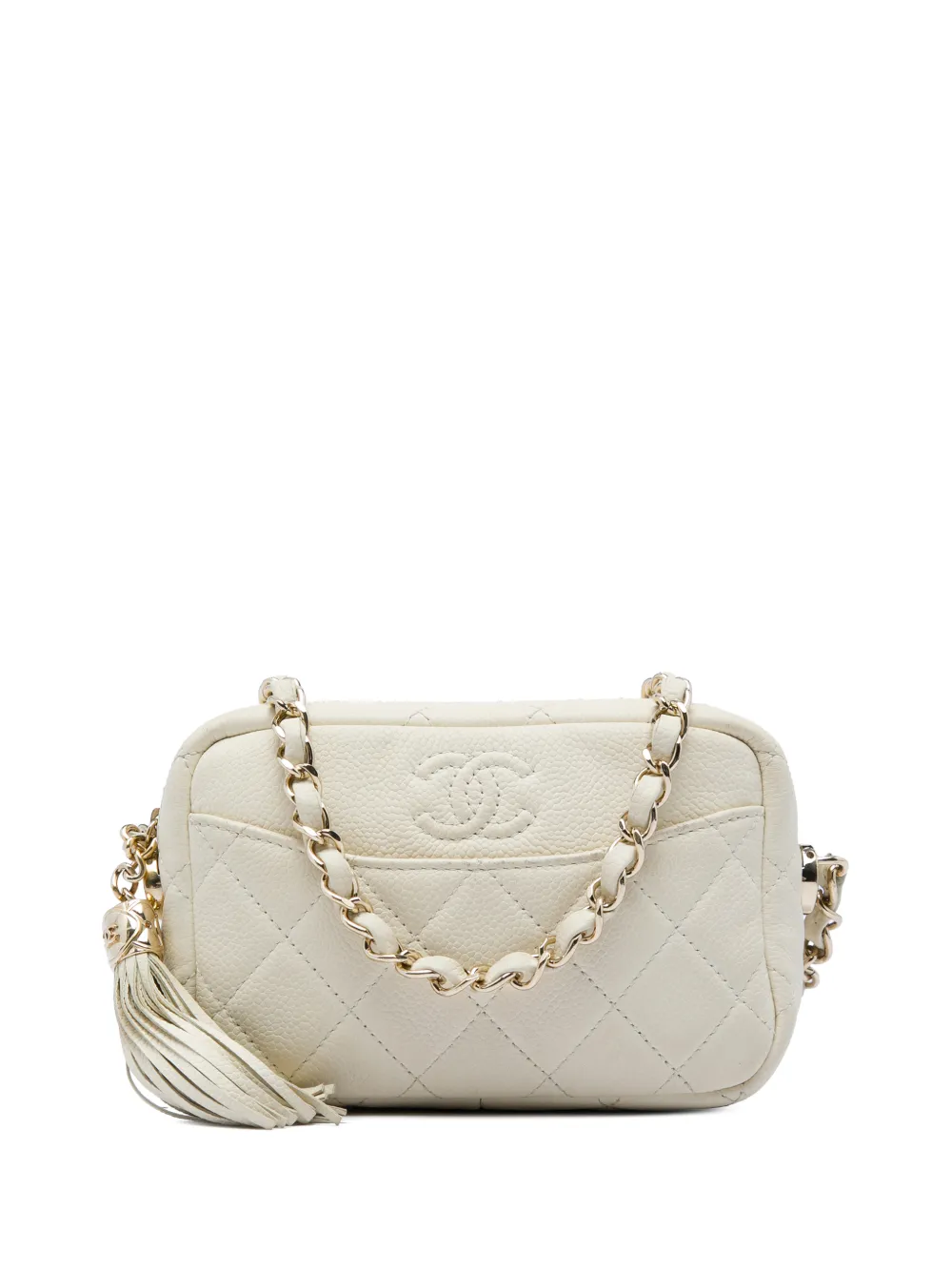 CHANEL Pre-Owned 2018-2019 Mini Quilted Caviar Coco Tassel Camera Case crossbody bag - Bianco