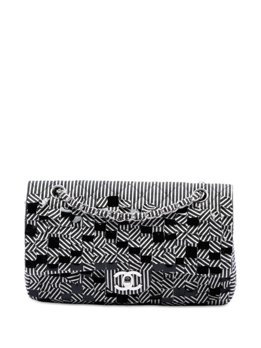 CHANEL Pre-Owned 2006-2008 Medium Classic Canvas Sequin Stripes Double Flap shoulder bag - Black