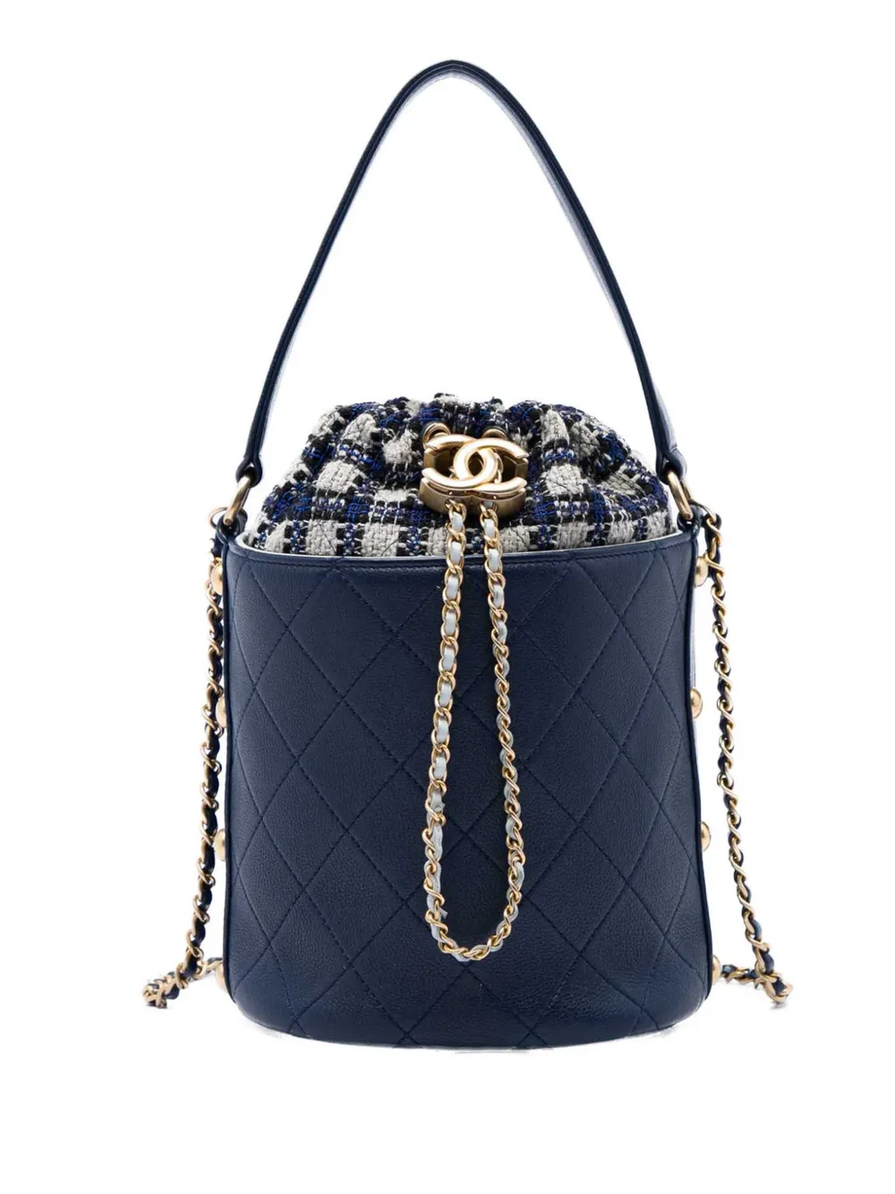 CHANEL Pre-Owned 2019 Medium CC Calfskin and Tweed Drawstring Bucket Bag satchel - Blu