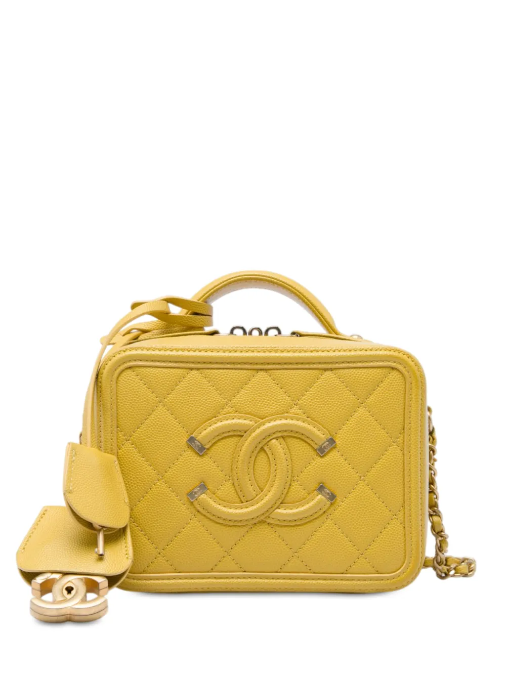 Pre-owned Chanel 2019 Small Caviar Cc Filigree Vanity Case Satchel In Yellow