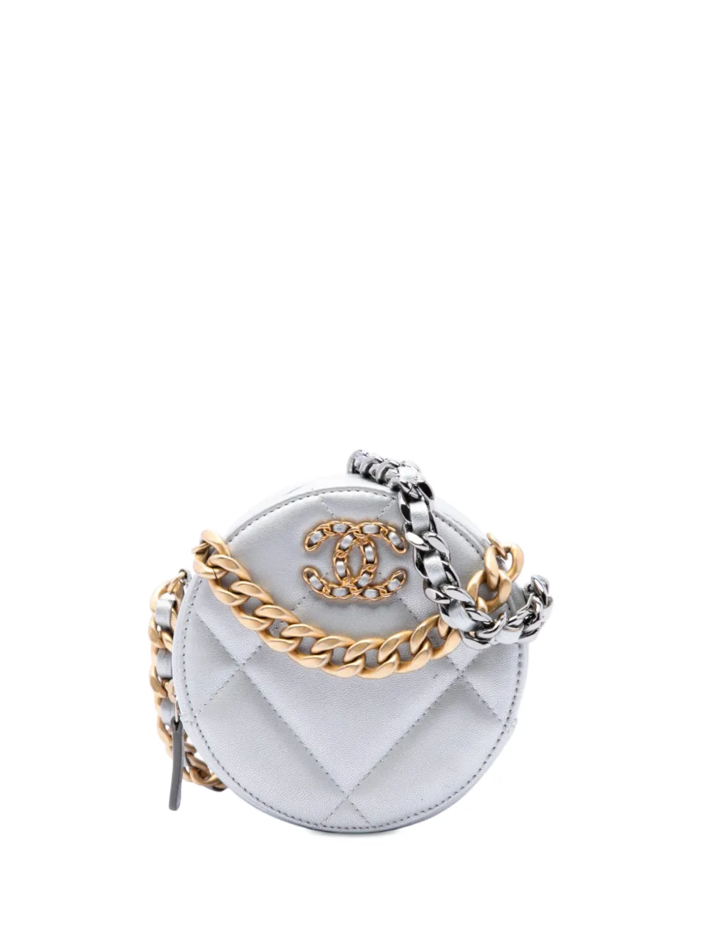Pre-owned Chanel 2020 Metallic Lambskin 19 Round Clutch With Chain Satchel In Silver