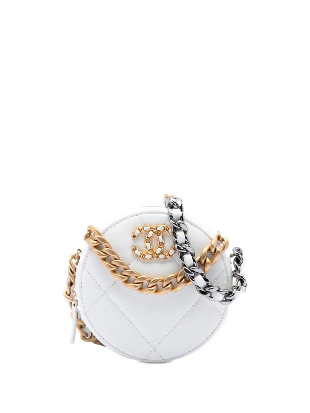 Pre-owned Chanel 2020 Quilted Goatskin 19 Round Clutch With Chain Satchel In White