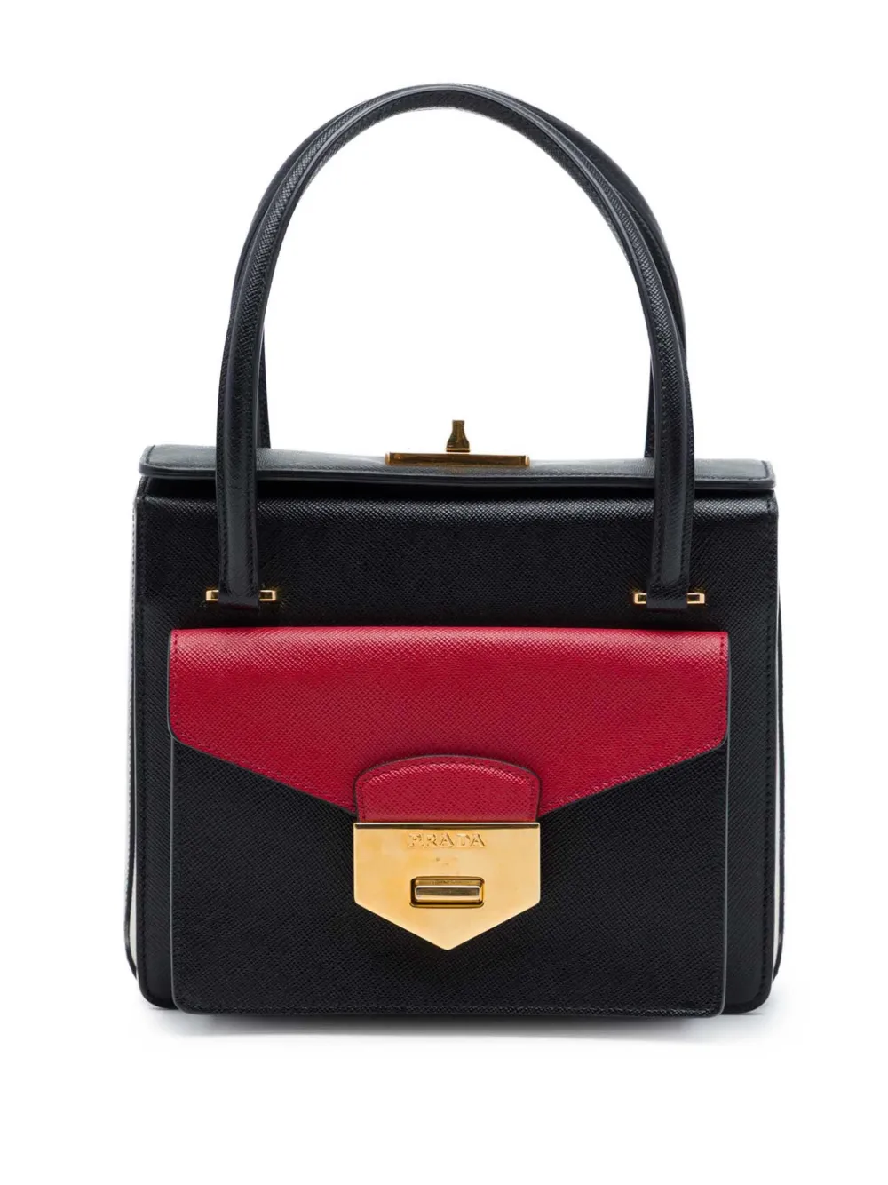 Prada Pre-Owned 2010-2026 Bicolor Saffiano Double Turn Lock Top Handle Bag handbag - Nero