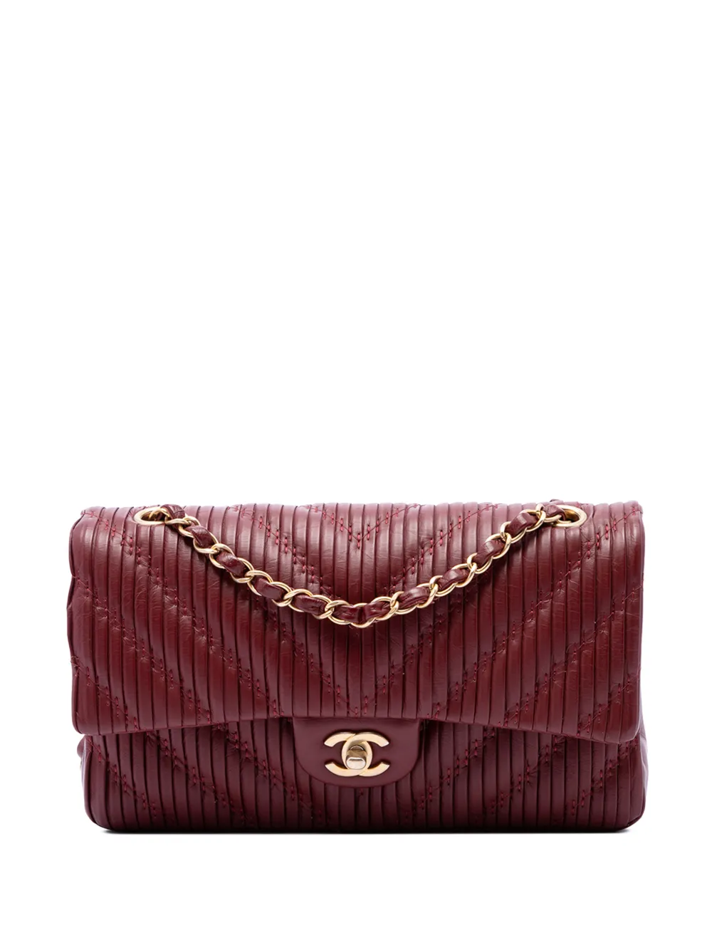 CHANEL Pre-Owned 2018 mittelgroße Classic Chevron Pleated Double Flap Schultertasche aus Kalbsleder - Rot