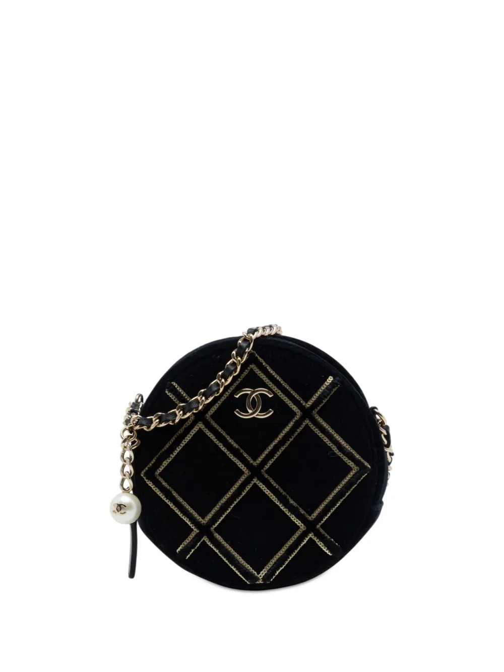 CHANEL Pre-Owned 2019 Velvet Pearl Sequin Round crossbody bag - Nero