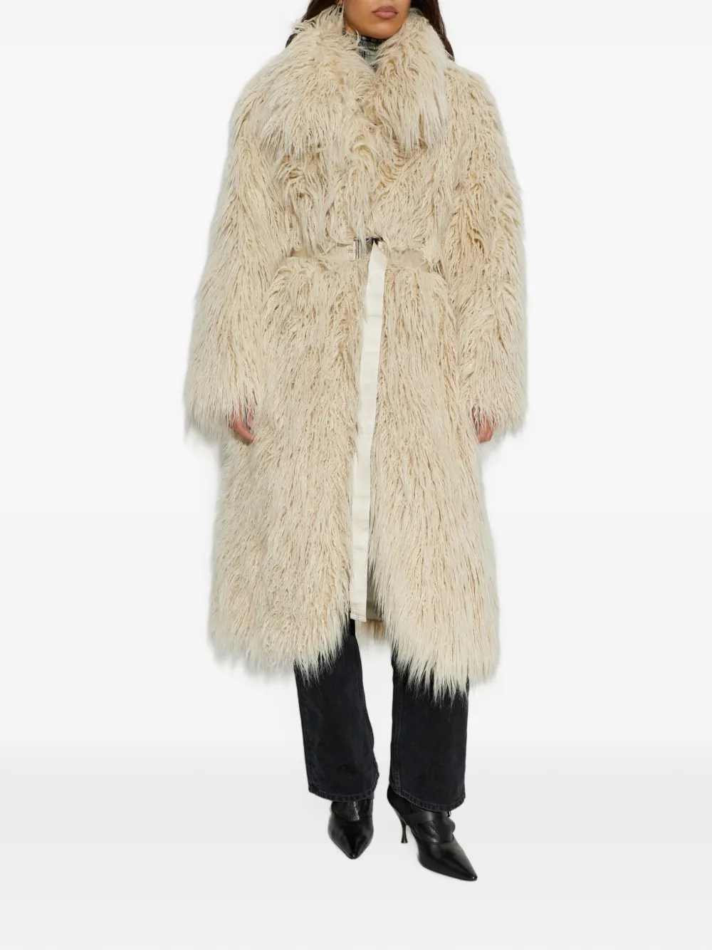 Off-White belted faux-fur coat Beige