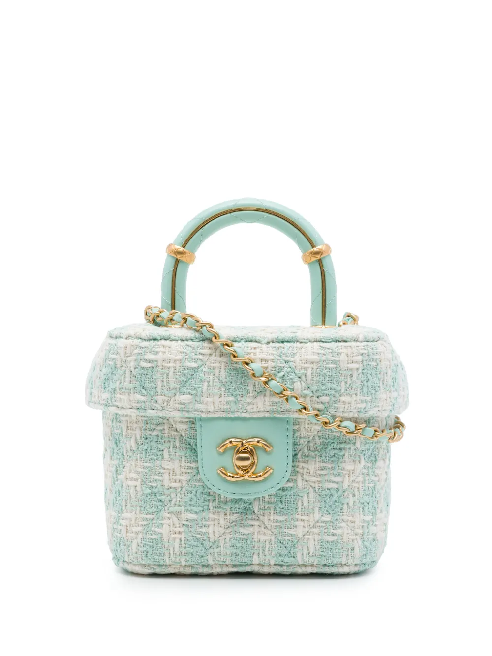 Pre-owned Chanel 2021-2026 Mini Tweed Crush Top Handle Bag Satchel In Green