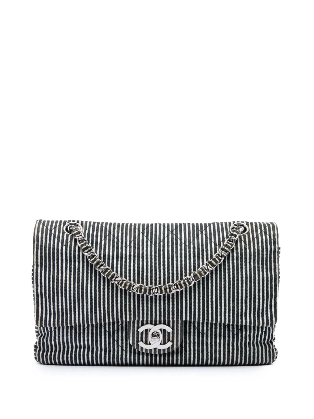 CHANEL Pre-Owned 2008-2009 Medium Classic Canvas Stripes Double Flap shoulder bag - Nero