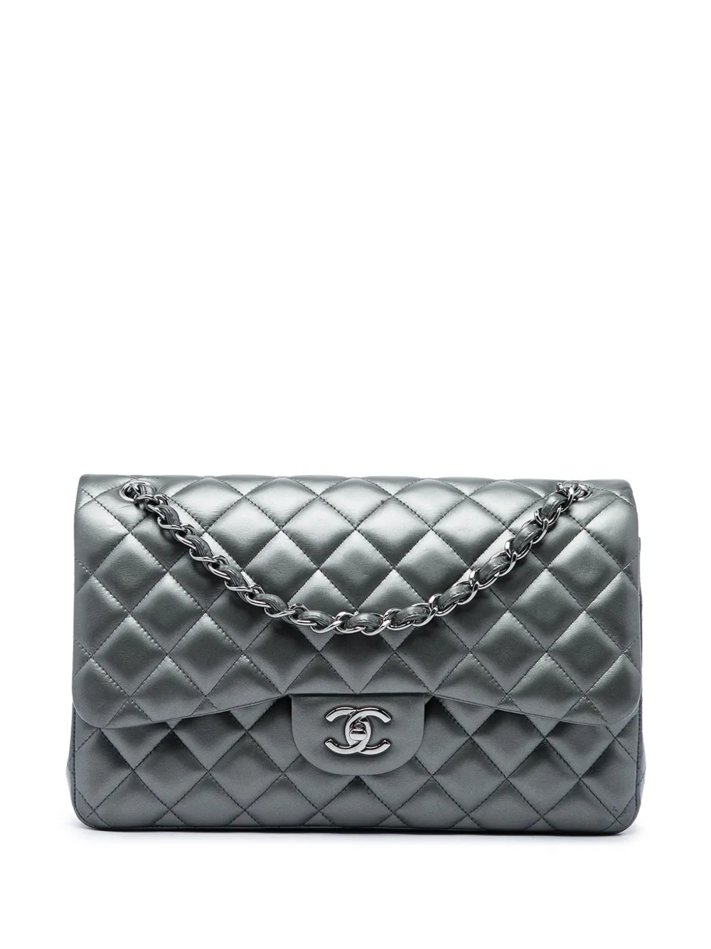 CHANEL Pre-Owned 2013-2014 Jumbo Classic Metallic Lambskin Double Flap shoulder bag - Grigio