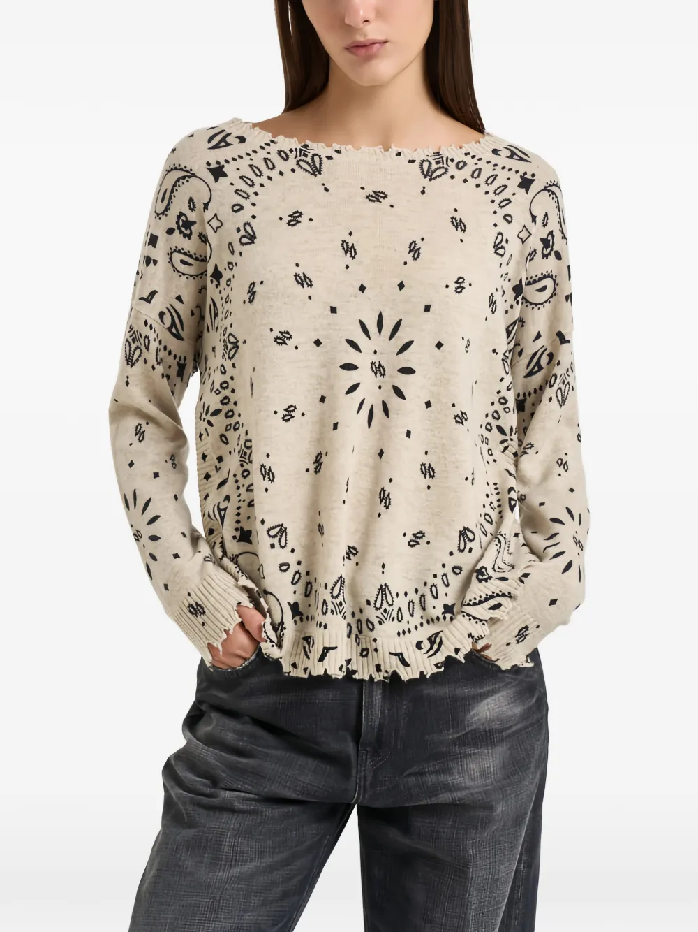 kujten bandana-print distressed-finish sweater - Tons neutres kujten bandana-print distressed-finish sweater - Tons neutres