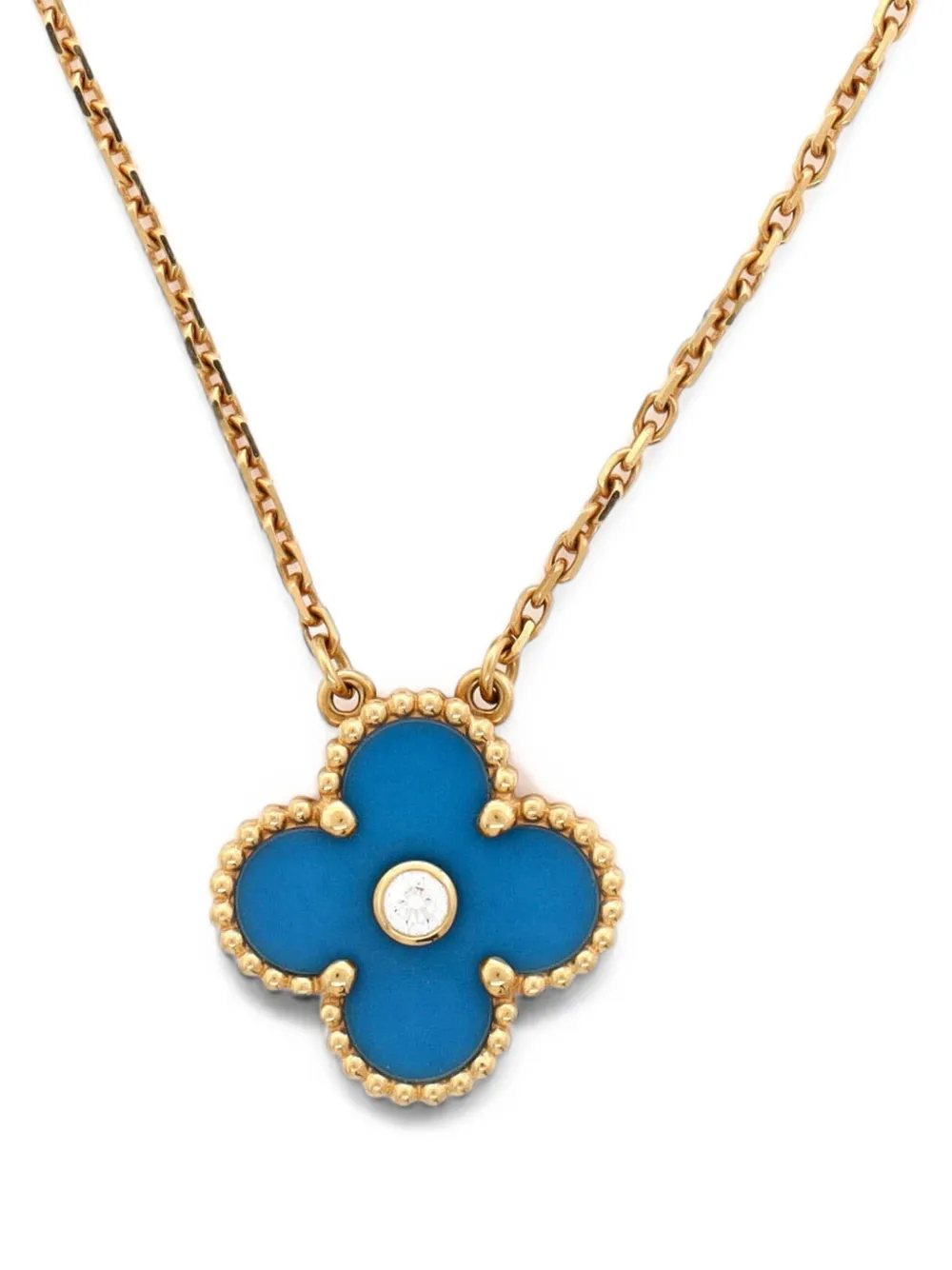 Van Cleef & Arpels Pre-Owned Vintage Alhambra Pendant 18K Yellow Gold and Blue Sevres Porcelain with Diamond necklace - Oro