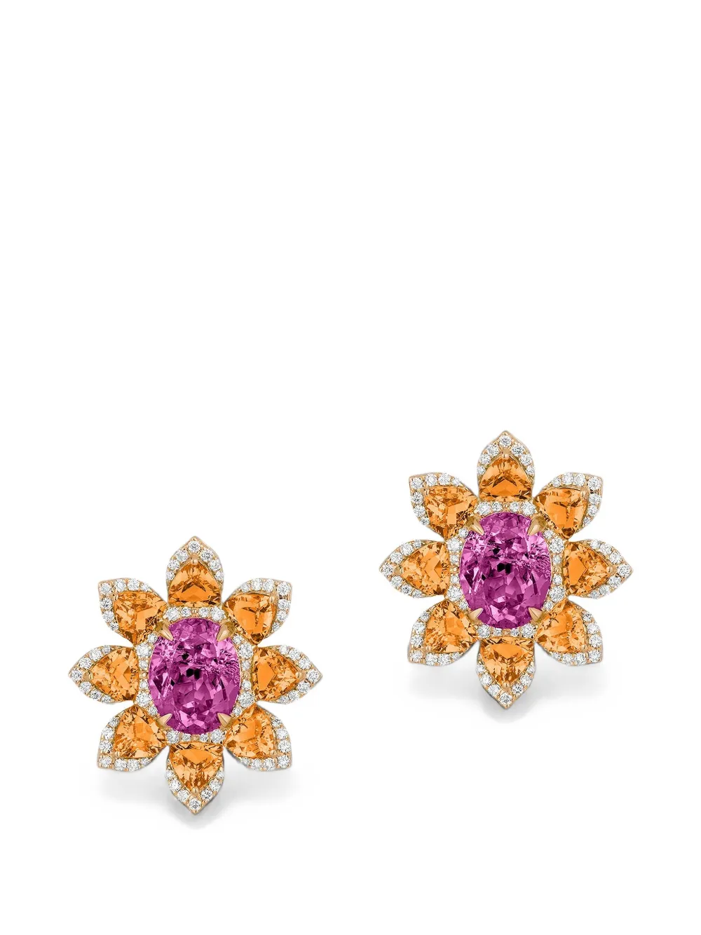 Goshwara Mandarin-garnet, Diamond And Rubellite Flower Earrings In Gold