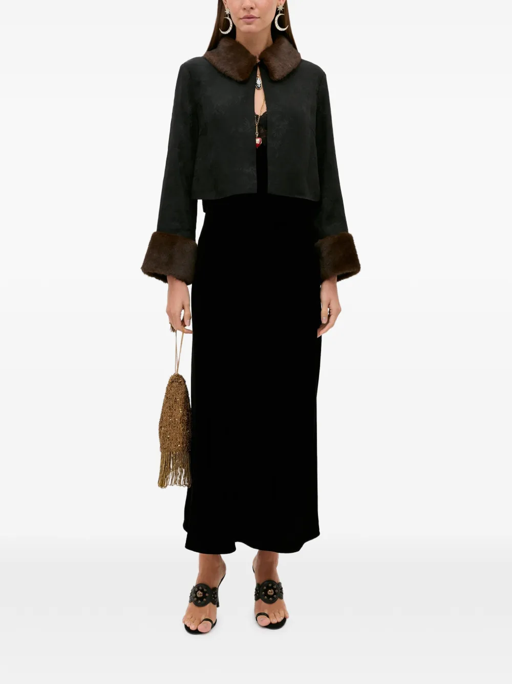 Rixo Lysandra lace-trim velvet midi dress Zwart