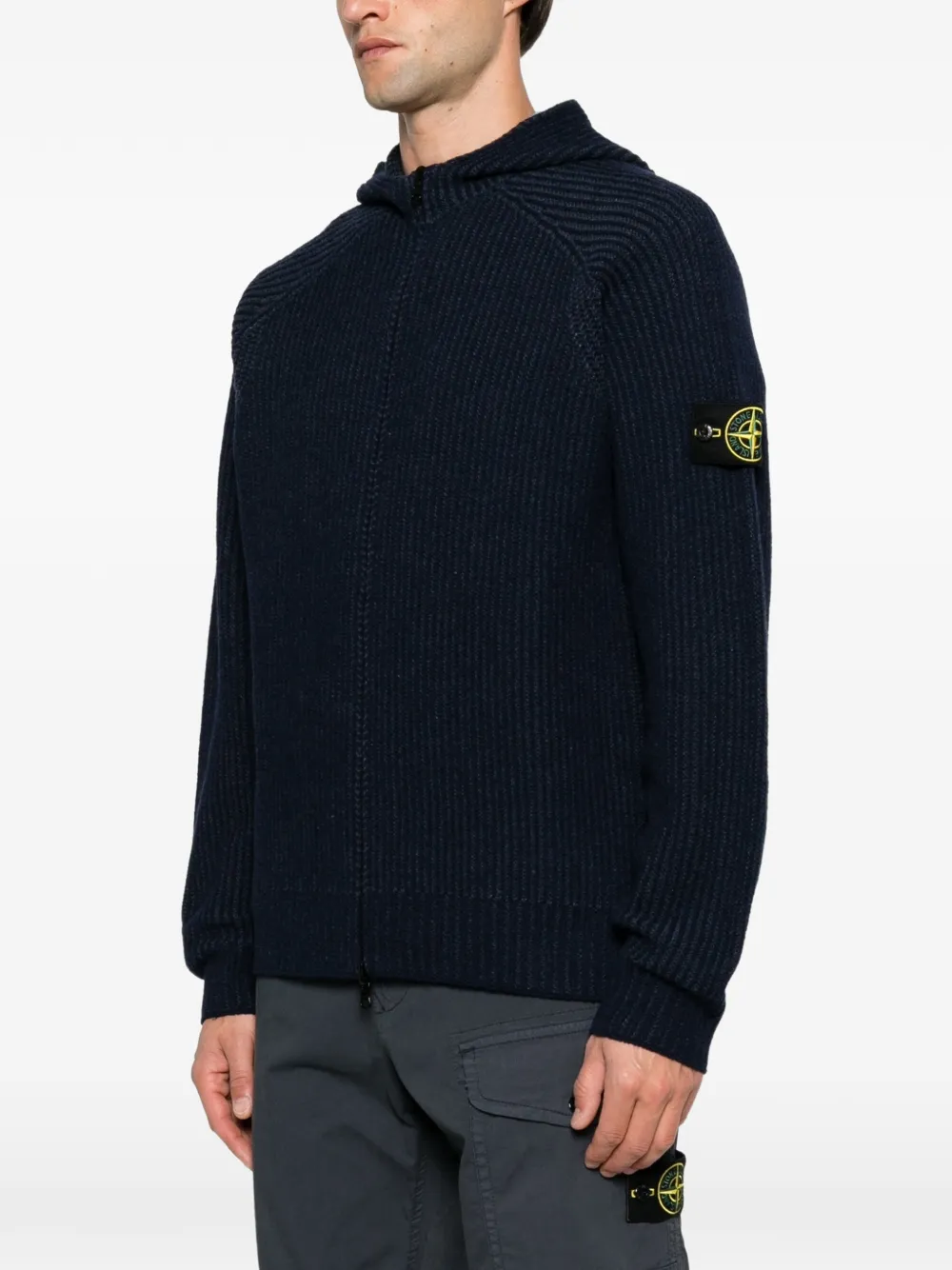 Stone Island Ribgebreide hoodie met Compass-patch Blauw