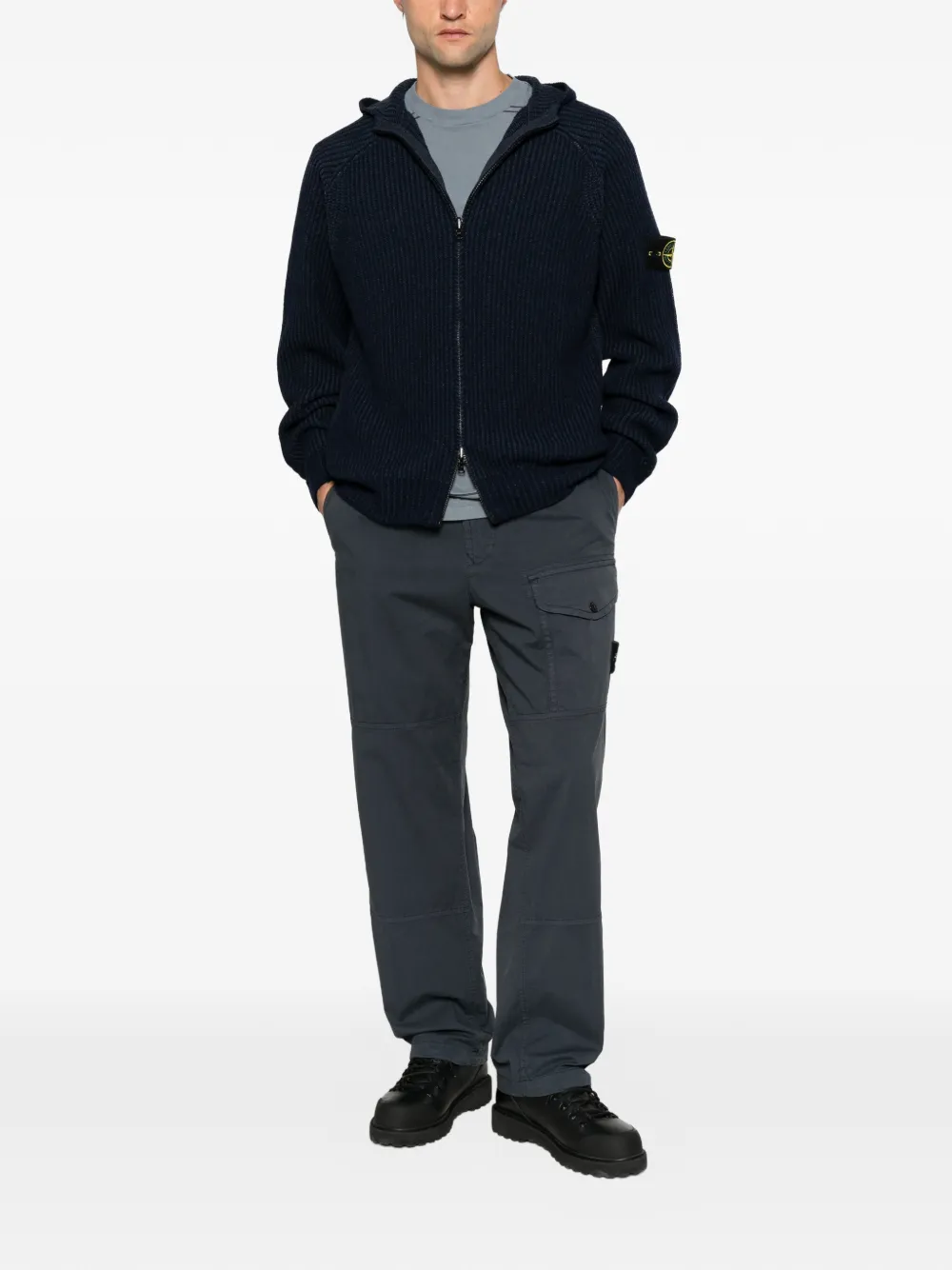 Stone Island Ribgebreide hoodie met Compass-patch Blauw
