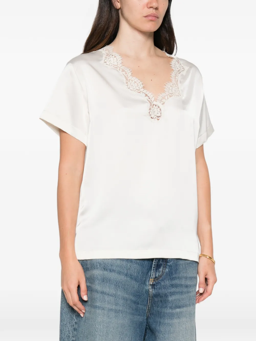 ERMANNO FIRENZE Top met kant en V-hals Beige