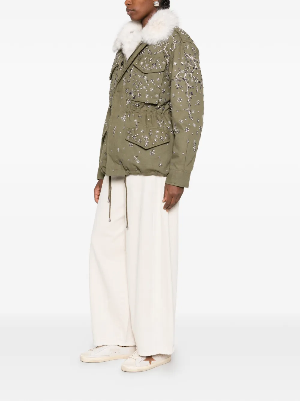 Nouvelle Vague crystal-embellished faux fur-collar coat