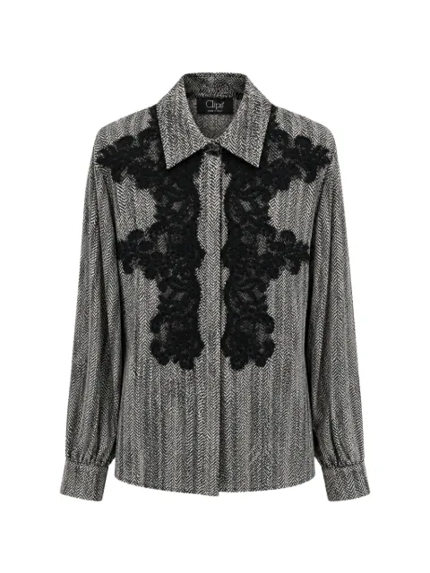 Clips lace-appliqué herringbone-pattern shirt
