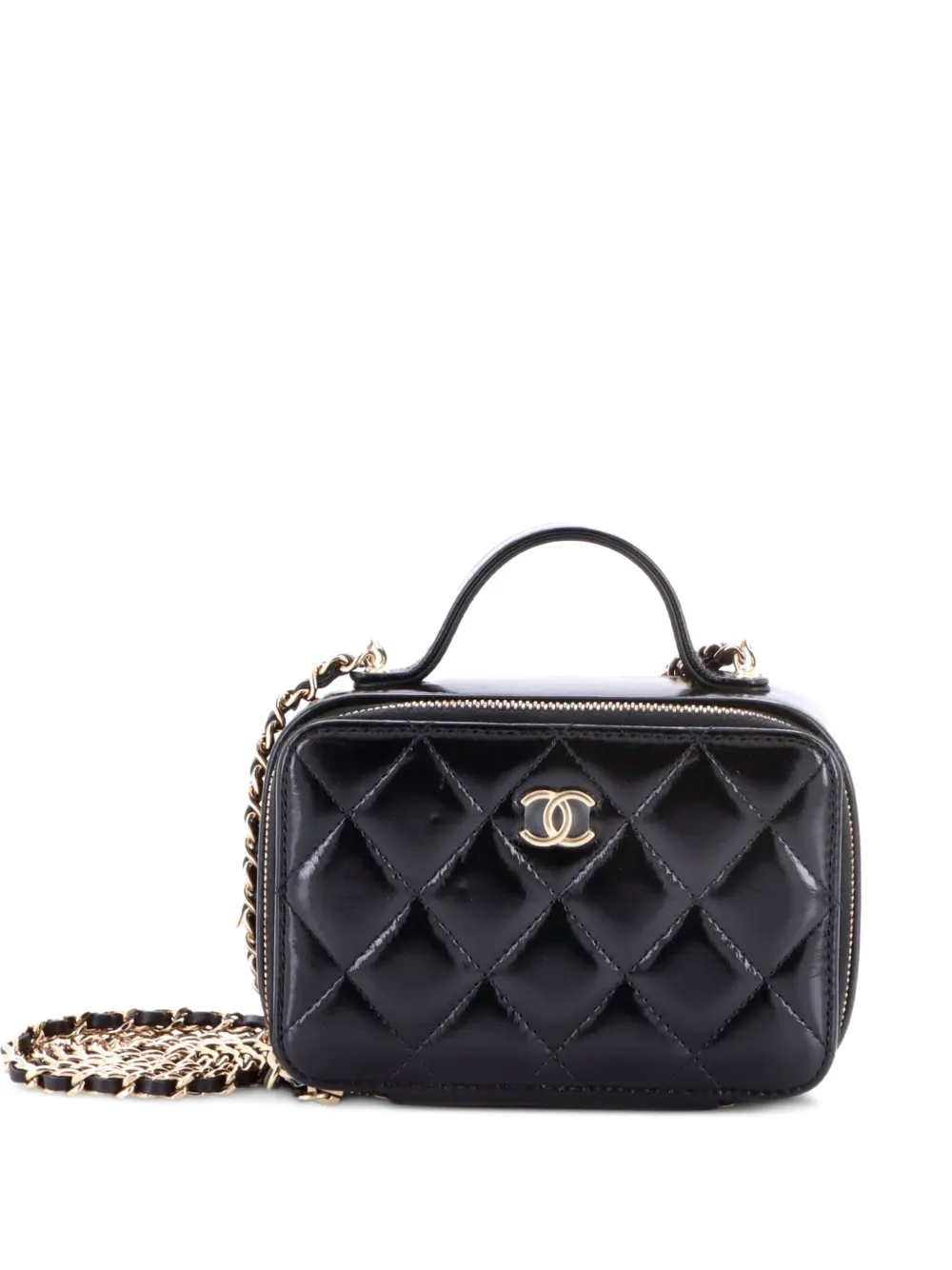CHANEL Pre-Owned Double Zip CC Vanity Case Quilted Shiny Lambskin Mini crossbody bag - Nero