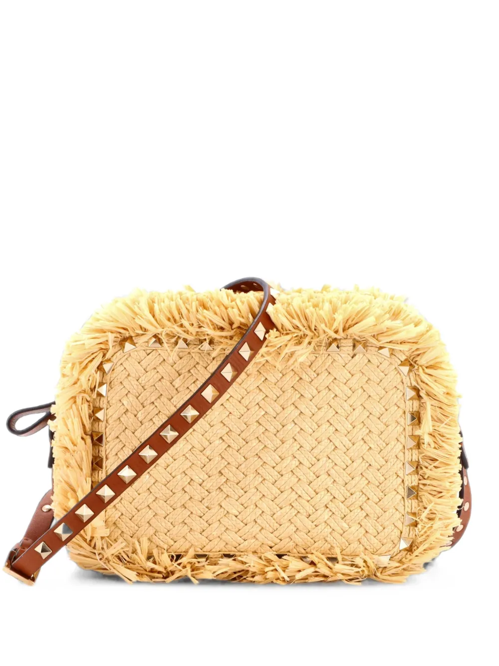 Valentino Garavani Pre-Owned Rockstud Camera Raffia with Leather crossbody bag - Toni neutri