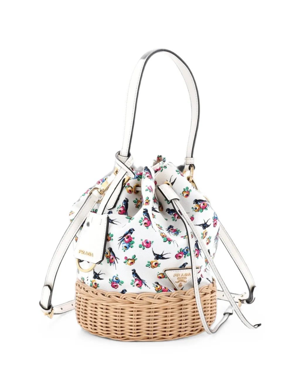 Prada Pre-Owned Drawstring Printed Canvas and Wicker Small bucket bag - Toni neutri
