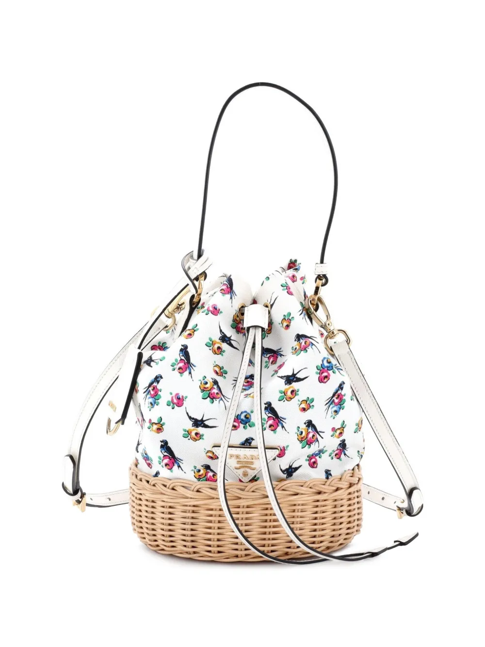 Prada Pre-Owned petit sac seau en toile imprimée et osier à lien de resserrage - Tons neutres
