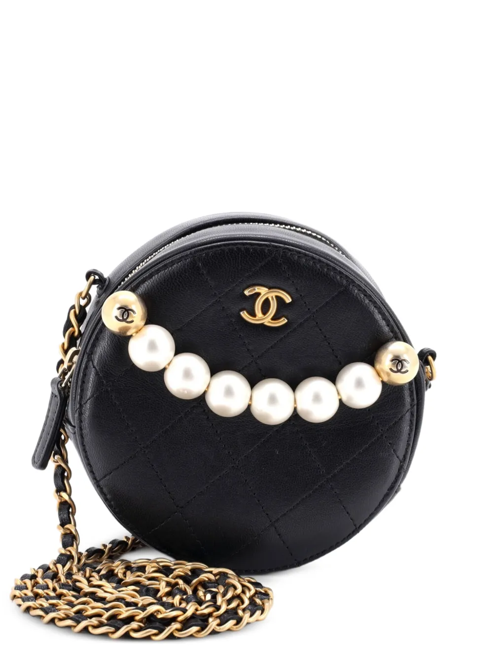 CHANEL Pre-Owned Chic Pearls Round Clutch with Chain Quilted Lambskin crossbody bag - Black