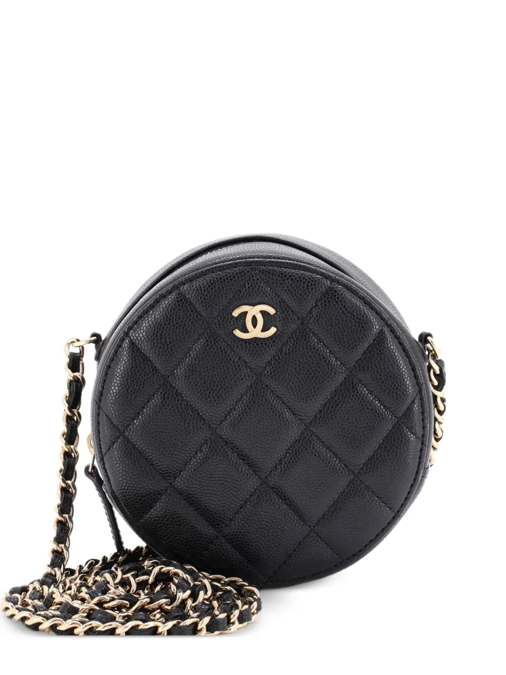 CHANEL Pre-Owned Mini runde Clutch aus gestepptem Kaviarleder mit Kettenriemen - Schwarz
