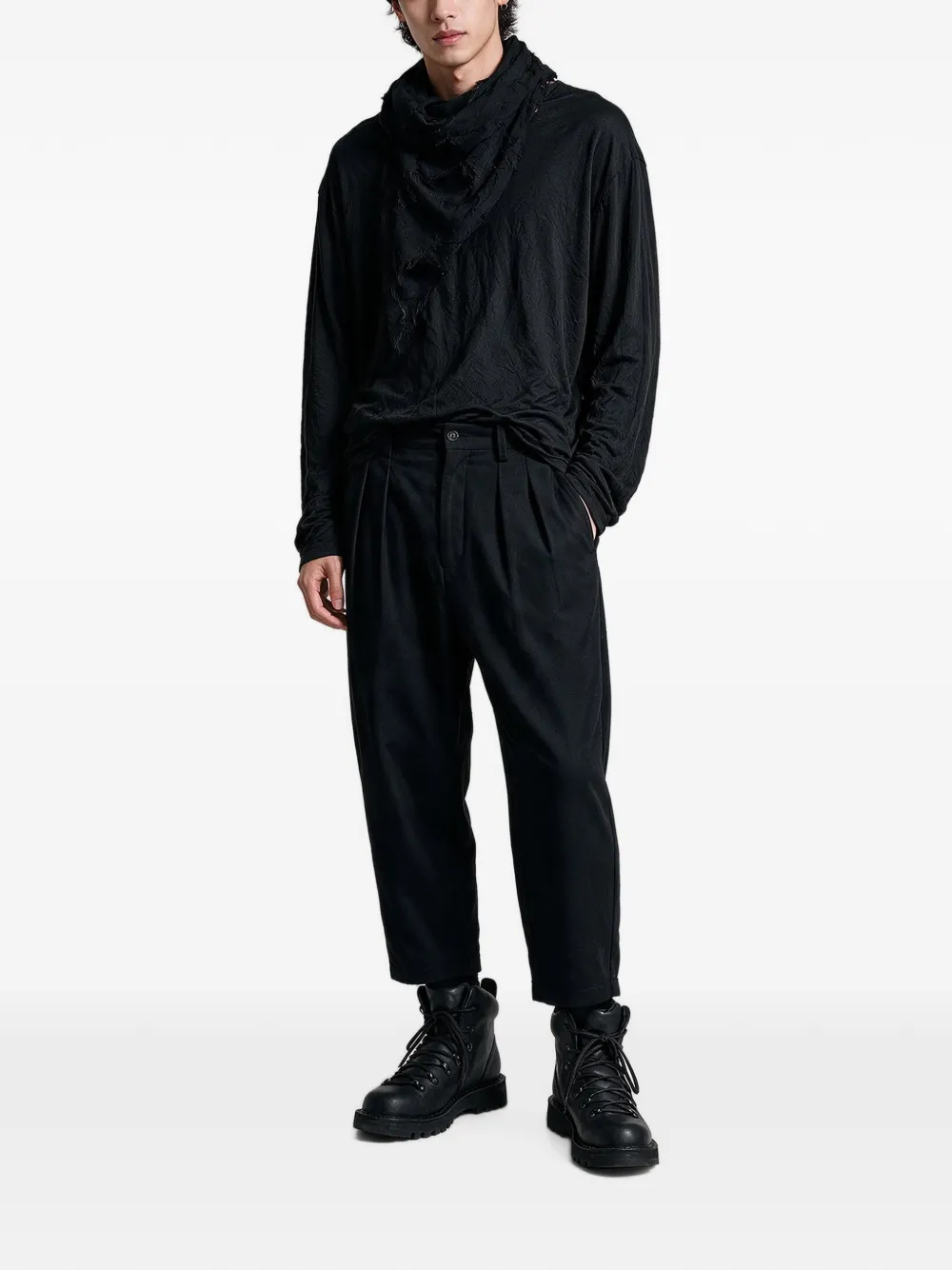 Yohji Yamamoto Cropped wollen broek met geplooide voorkant Zwart
