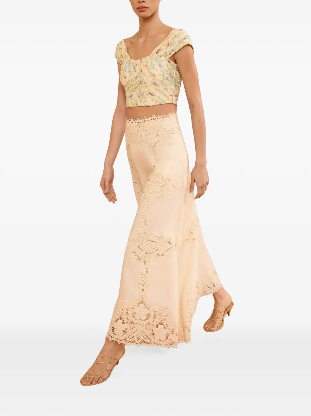 Ulla Johnson Fleur lace-panelled linen midi skirt Beige