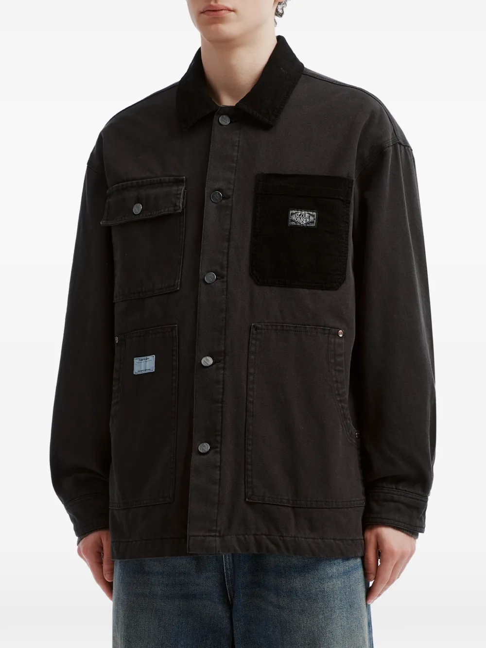 izzue corduroy-trim multi-pocket shirt jacket Zwart