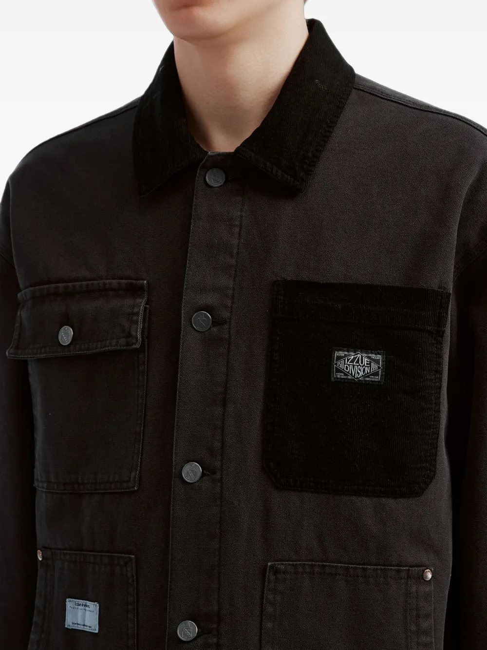 izzue corduroy-trim multi-pocket shirt jacket Zwart
